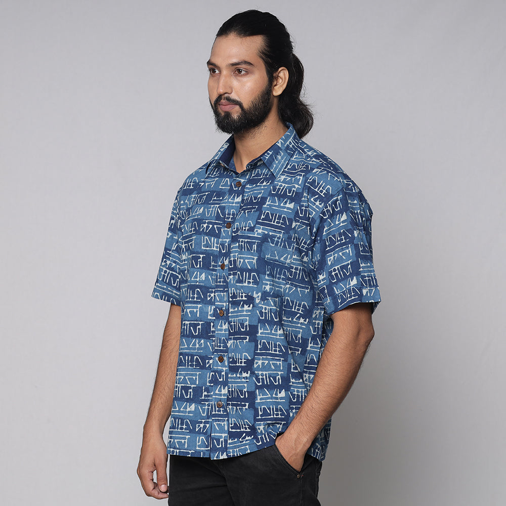 Blue - Bindaas Block Printed Natural Dyed Cotton Men Half Sleeve Shirt