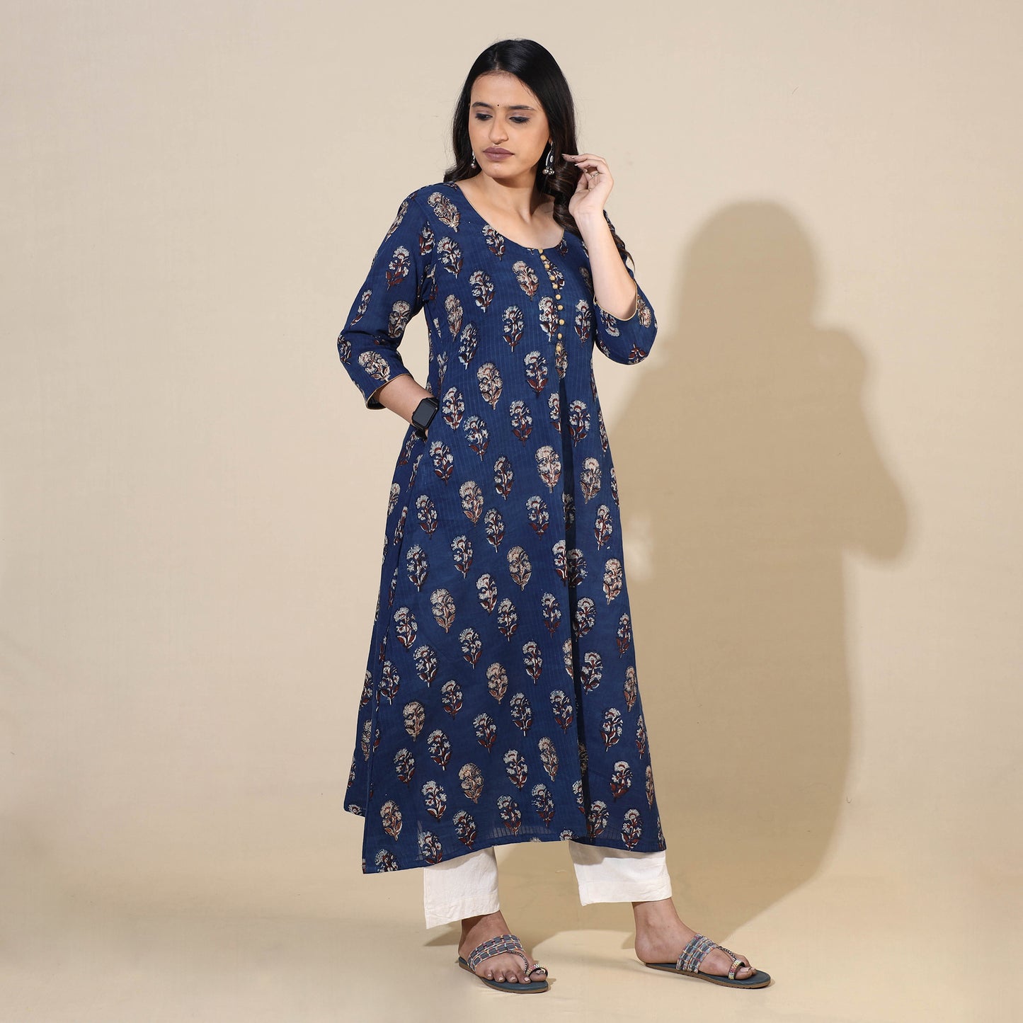 Blue - Bagru Hand Block Printed Cotton Long Kurta