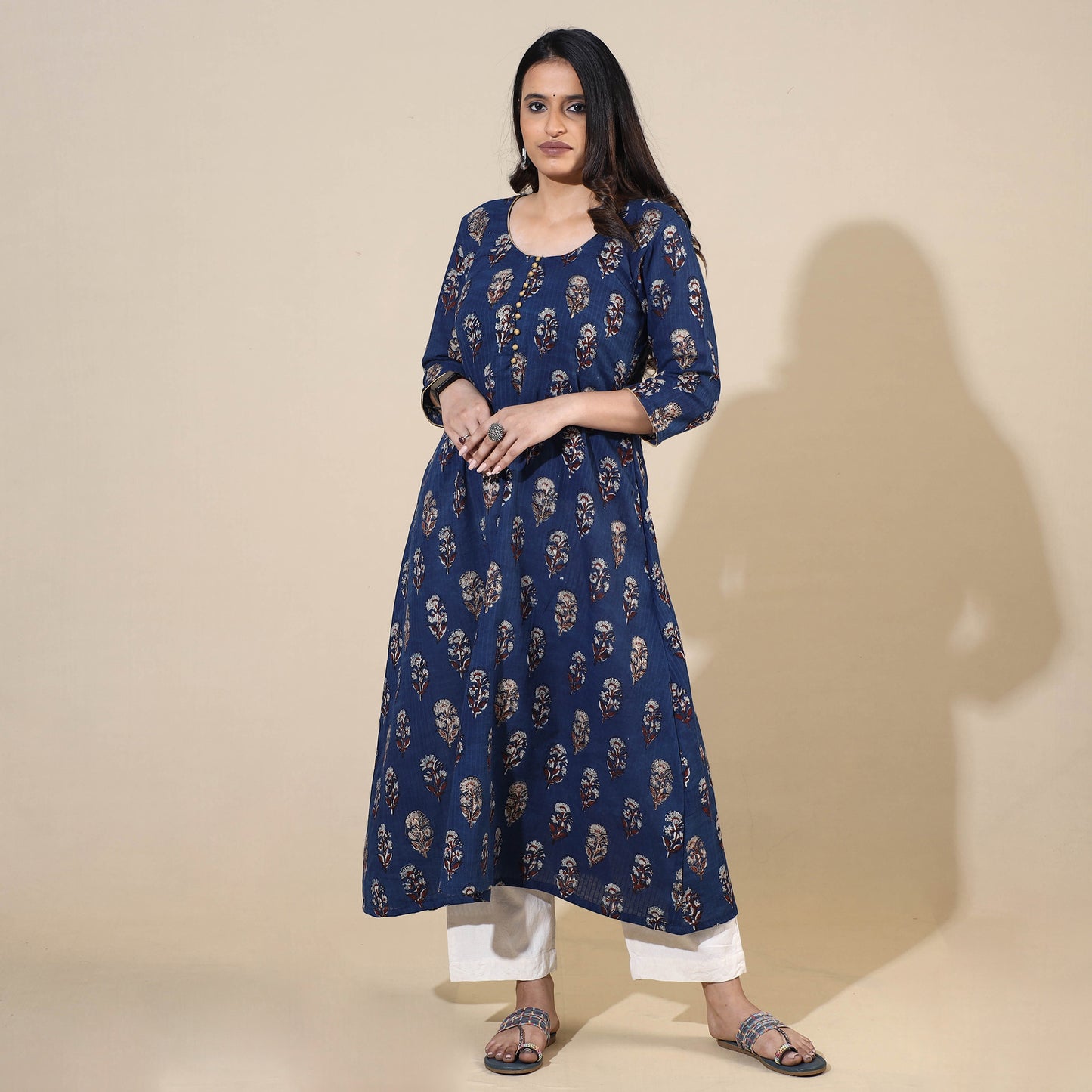 Blue - Bagru Hand Block Printed Cotton Long Kurta