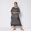 Black - Ajrakh Block Printing Modal Silk Kaftan with Tie-Up Waist (Medium)