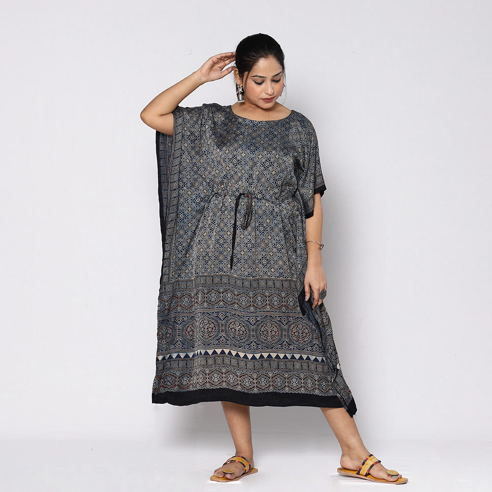 Black - Ajrakh Block Printing Modal Silk Kaftan with Tie-Up Waist (Medium)