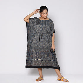 Black - Ajrakh Block Printing Modal Silk Kaftan with Tie-Up Waist (Medium)