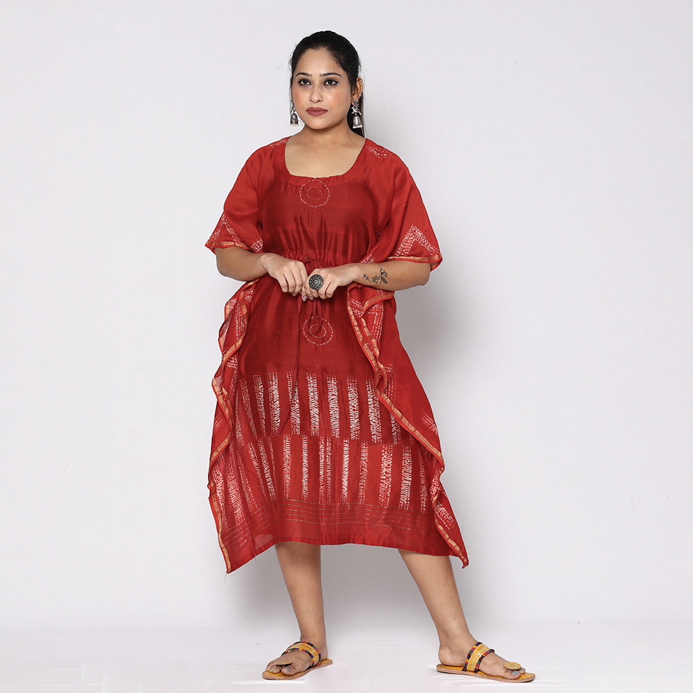 Red - Shibori Tie-Dye Chanderi Silk Kaftan with Tie-Up Waist (Medium)