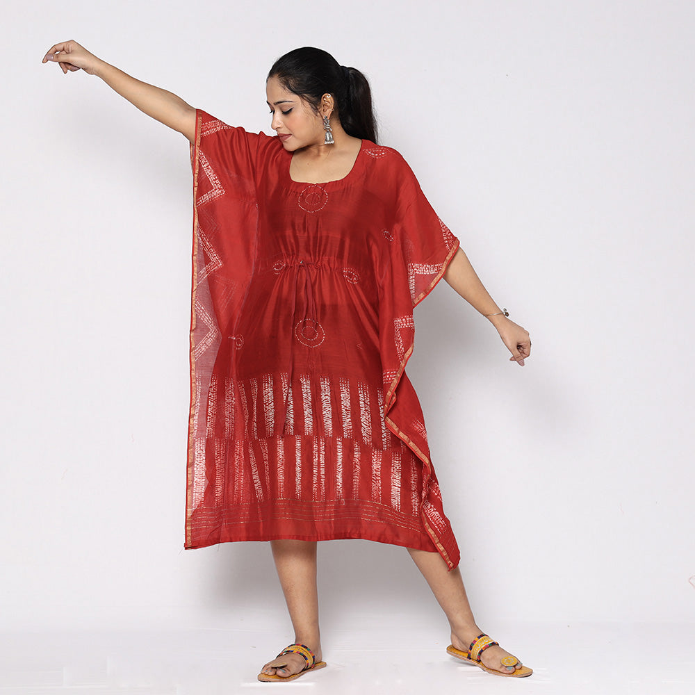 Red - Shibori Tie-Dye Chanderi Silk Kaftan with Tie-Up Waist (Medium)