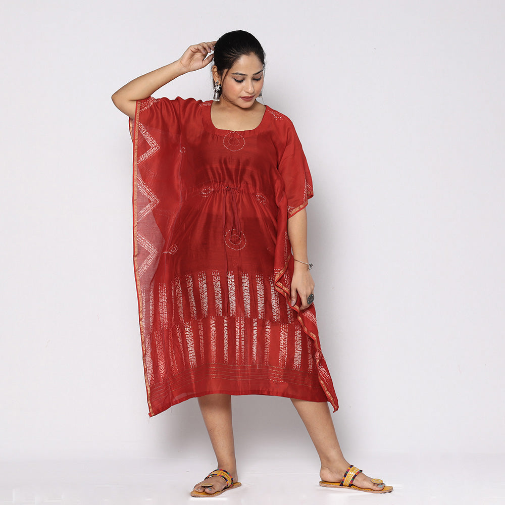 Red - Shibori Tie-Dye Chanderi Silk Kaftan with Tie-Up Waist (Medium)