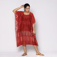 Red - Shibori Tie-Dye Chanderi Silk Kaftan with Tie-Up Waist (Medium)