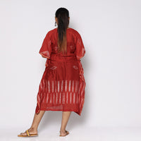 Red - Shibori Tie-Dye Chanderi Silk Kaftan with Tie-Up Waist (Medium)