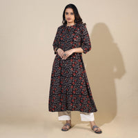 Black - Bagru Hand Block Printed Cotton A-Line Long Kurta 06