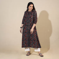 Black - Bagru Hand Block Printed Cotton A-Line Long Kurta 06