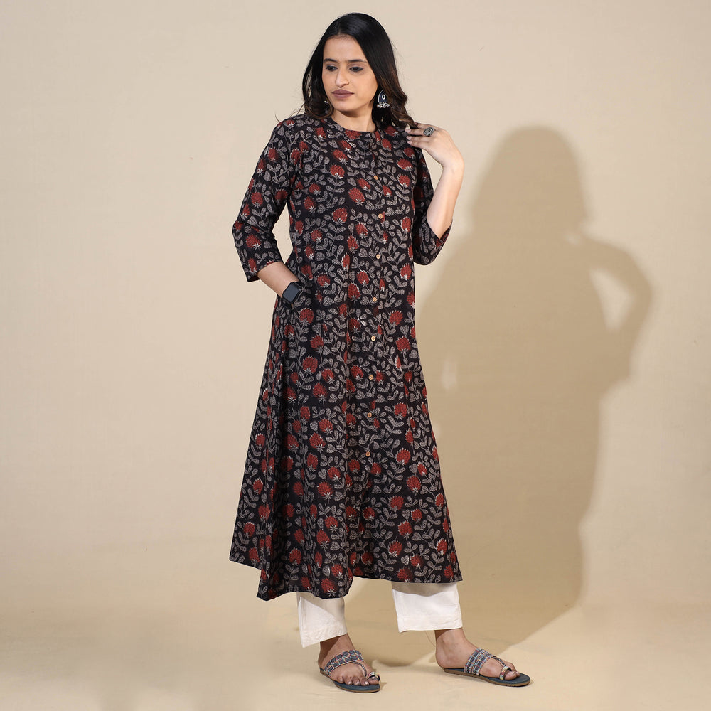 Black - Bagru Hand Block Printed Cotton A-Line Long Kurta 06