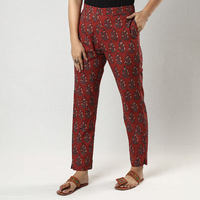 Red Ajrakh Block Printing Cotton Tapered Casual Pant for Women