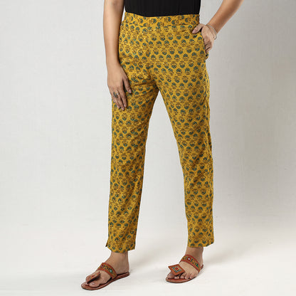 Yellow Ajrakh Block Printing Cotton Tapered Casual Pant for Women