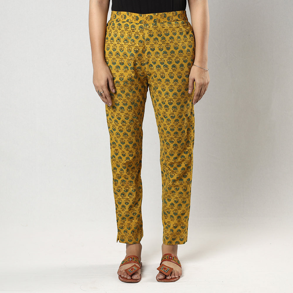 Yellow Ajrakh Block Printing Cotton Tapered Casual Pant for Women
