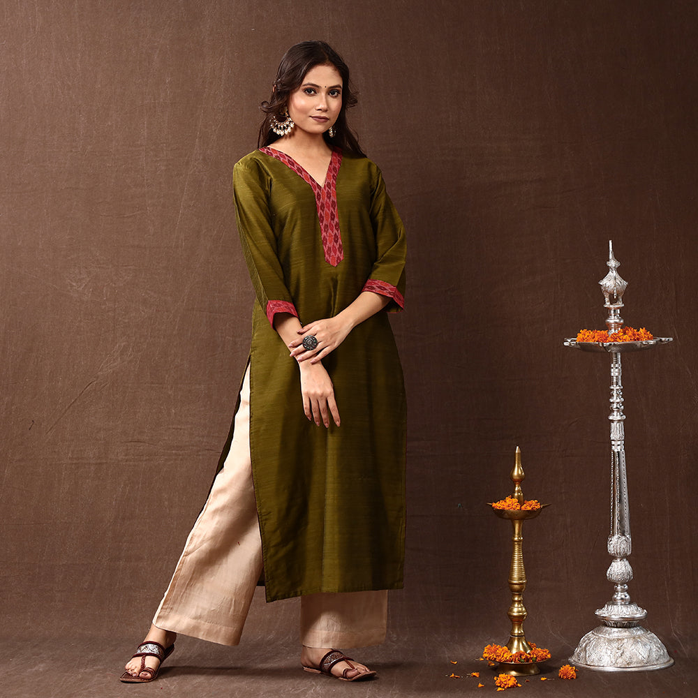 Olive Green - Silk Plain Long Kurta