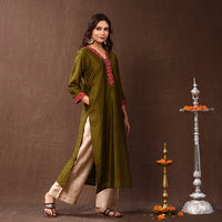 Olive Green - Silk Plain Long Kurta