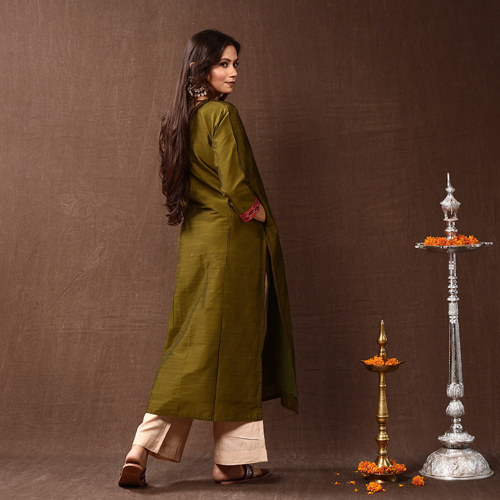 Olive Green - Silk Plain Long Kurta