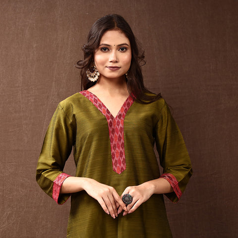 Olive Green - Silk Plain Long Kurta