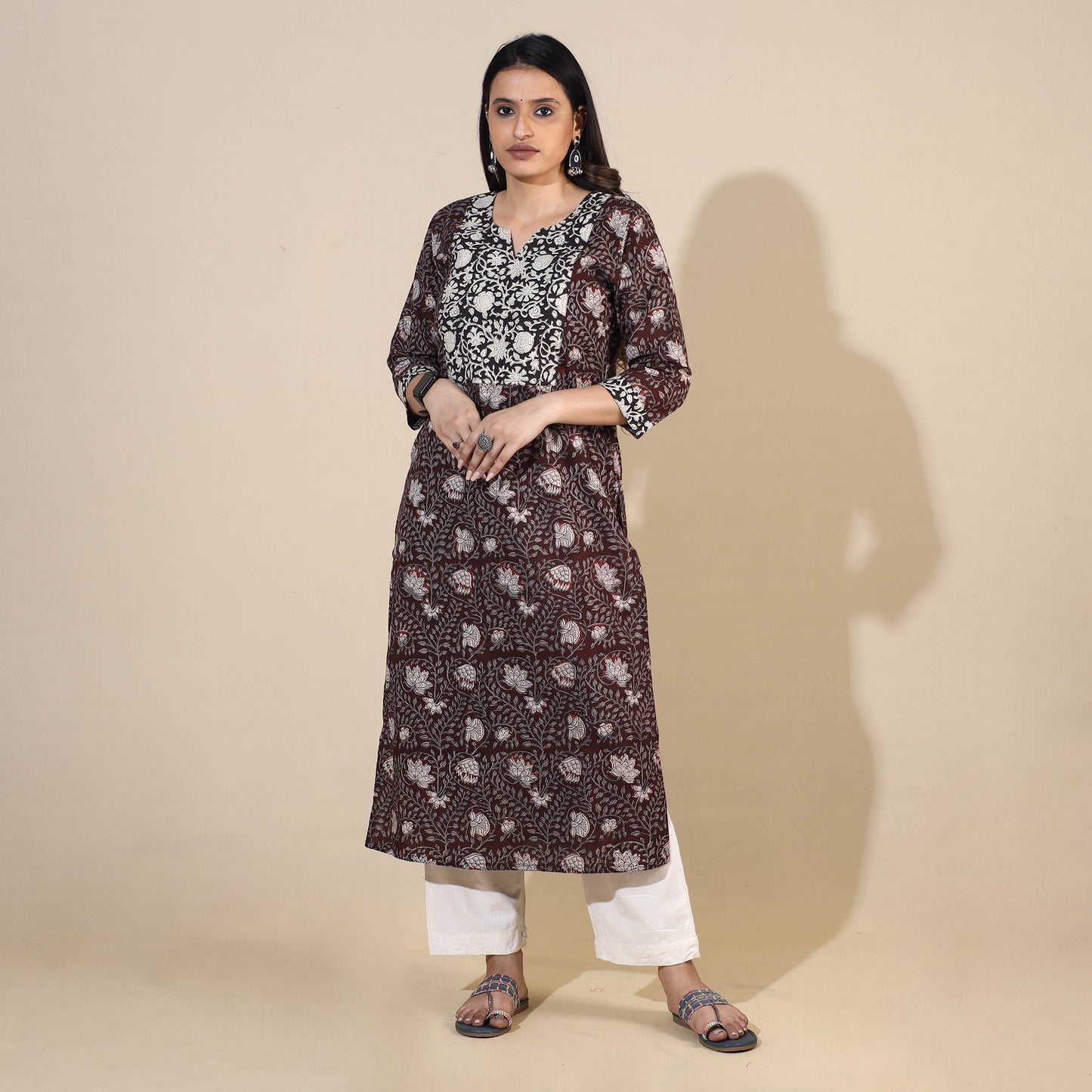 Maroon - Bagru Hand Block Printed Cotton Long Kurta