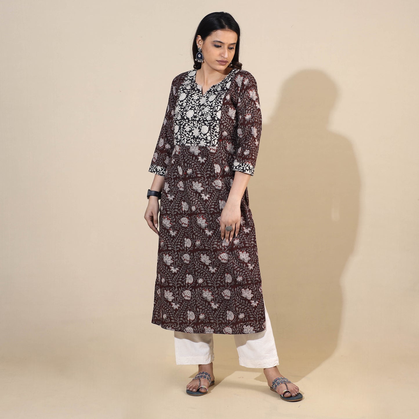 Maroon - Bagru Hand Block Printed Cotton Long Kurta