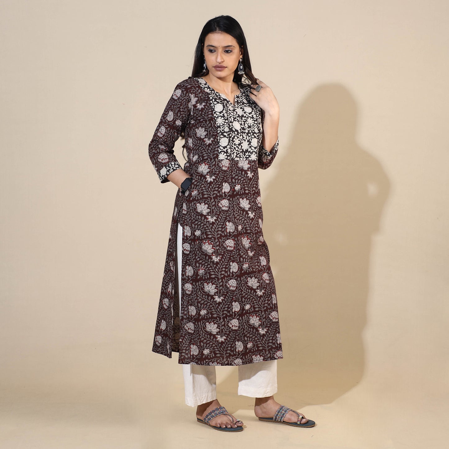 Maroon - Bagru Hand Block Printed Cotton Long Kurta