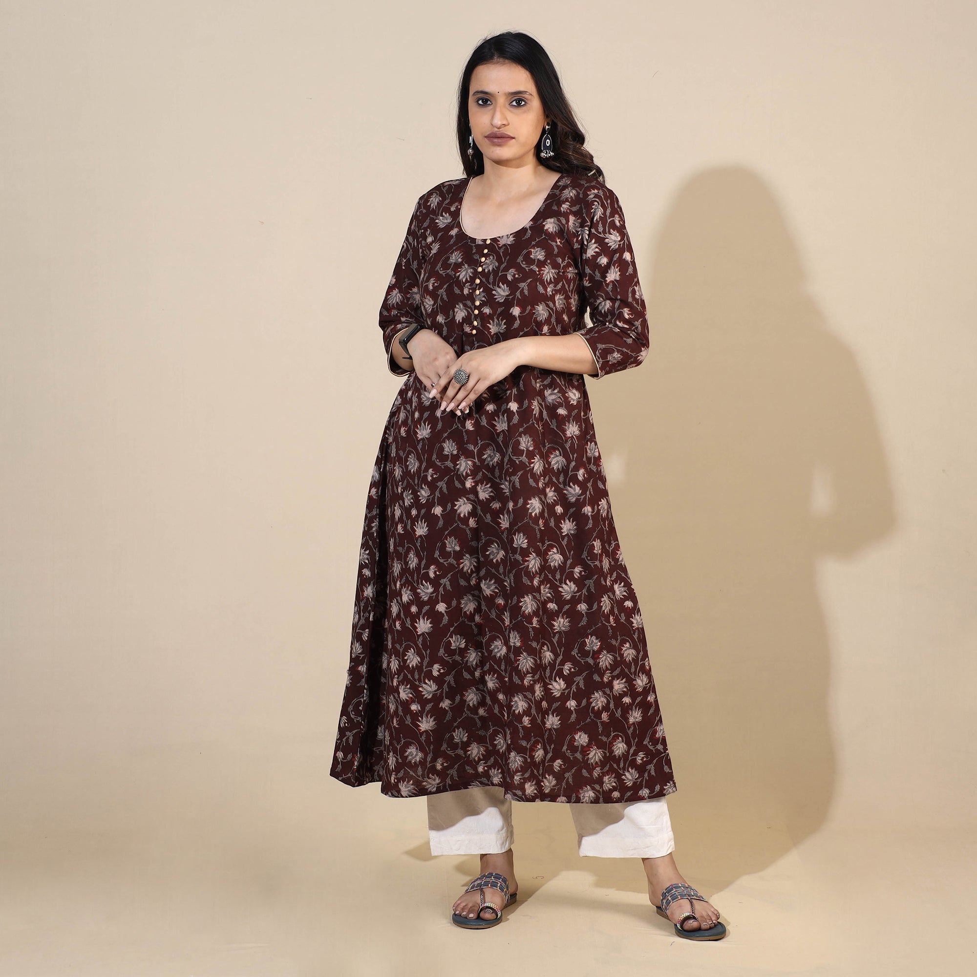  Bagru Hand Block Printed Cotton A-Line Long Kurta 07 