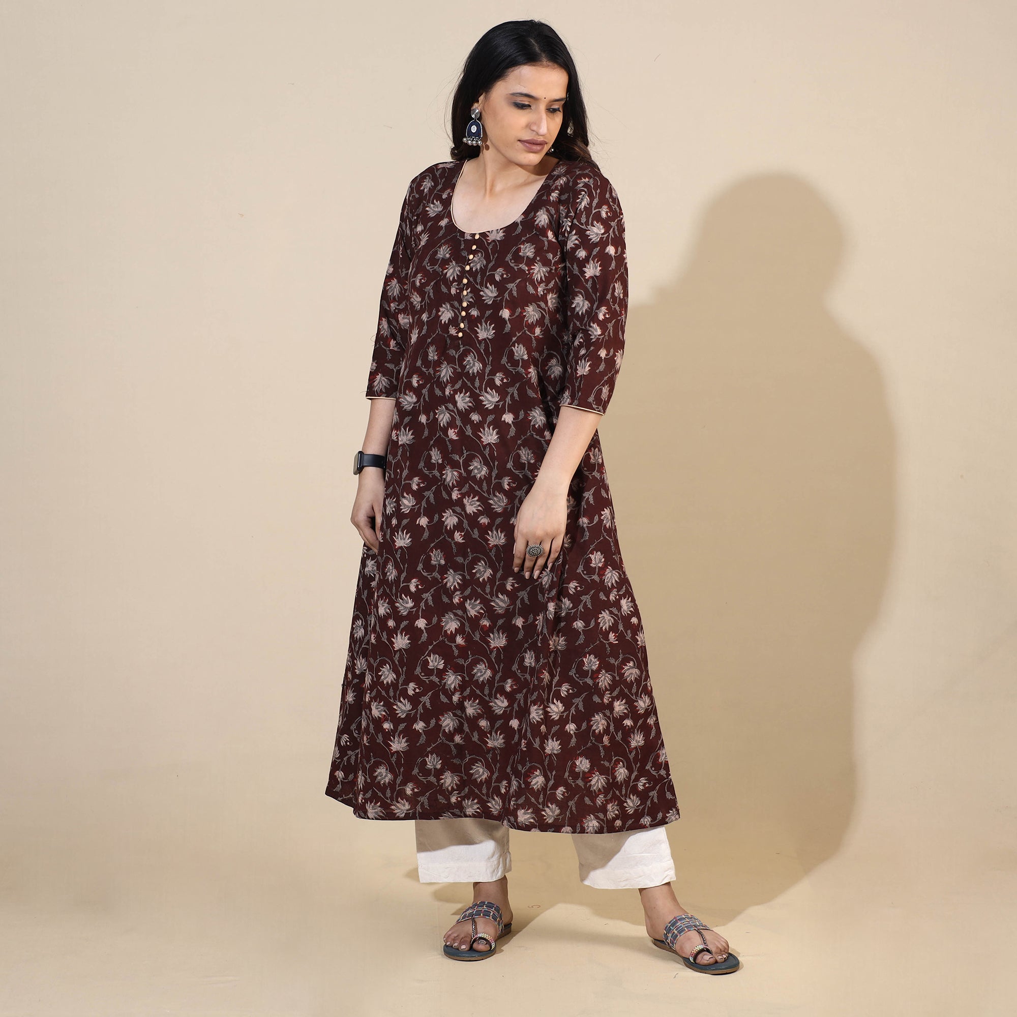  Bagru Hand Block Printed Cotton A-Line Long Kurta 07 