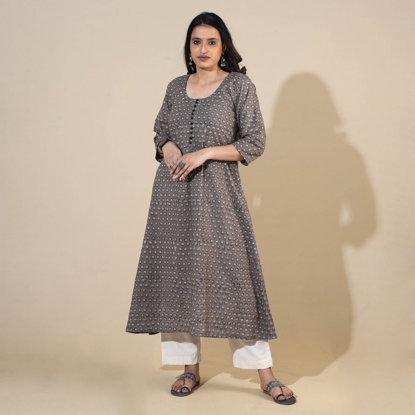 Grey - Bagru Hand Block Printed Cotton A-Line Long Kurta