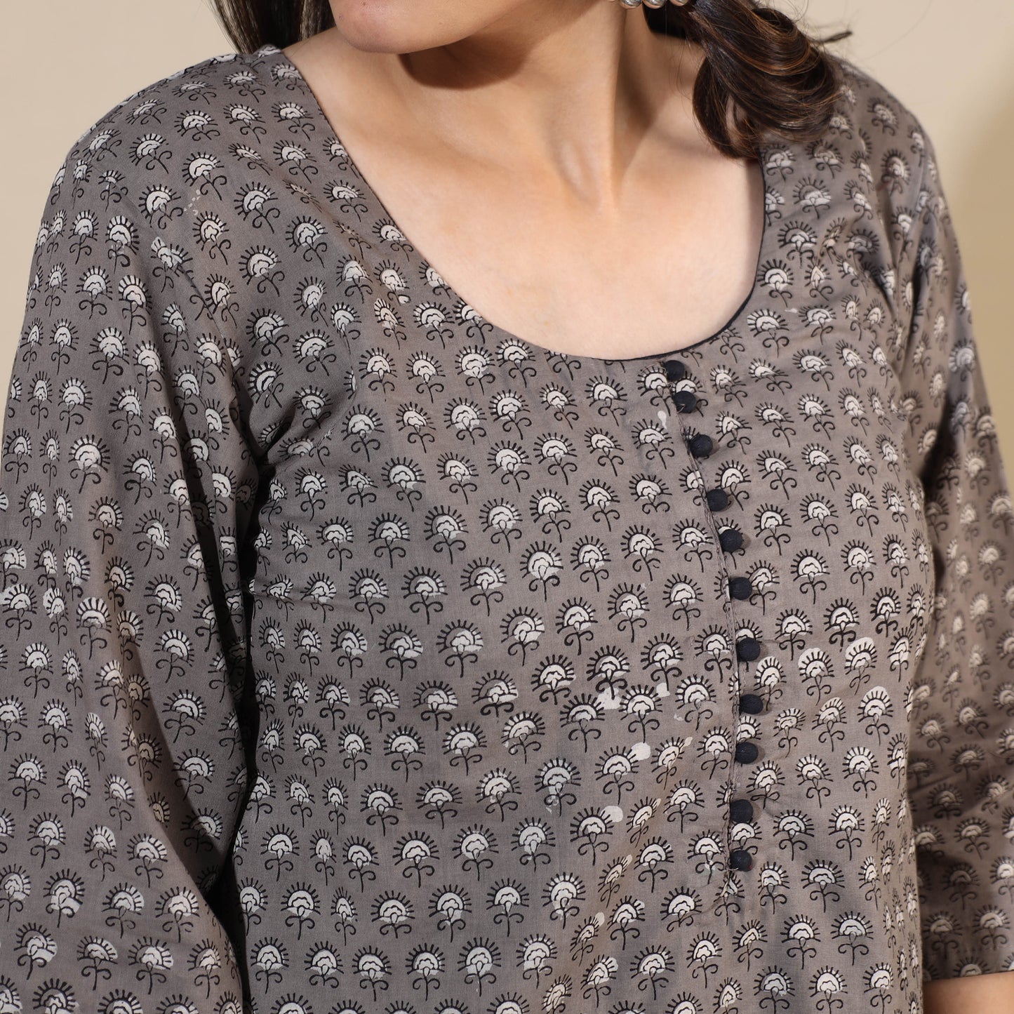 Grey - Bagru Hand Block Printed Cotton A-Line Long Kurta