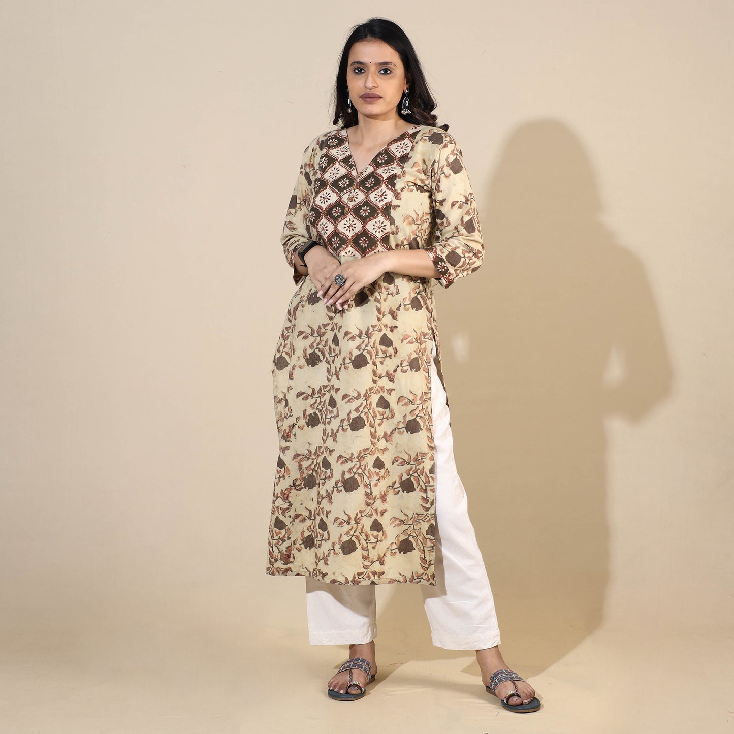 Beige - Bagru Hand Block Printed Cotton Long Kurta