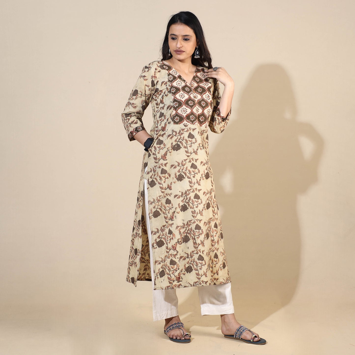 Beige - Bagru Hand Block Printed Cotton Long Kurta