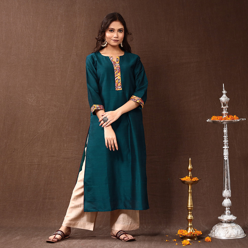 Green - Dark Cyan - Silk Plain Long Straight Kurta