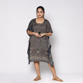 Blue - Ajrakh Block Printing Modal Silk Kaftan with Tie-Up Waist (Medium)