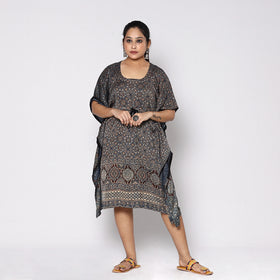Blue - Ajrakh Block Printing Modal Silk Kaftan with Tie-Up Waist (Medium)