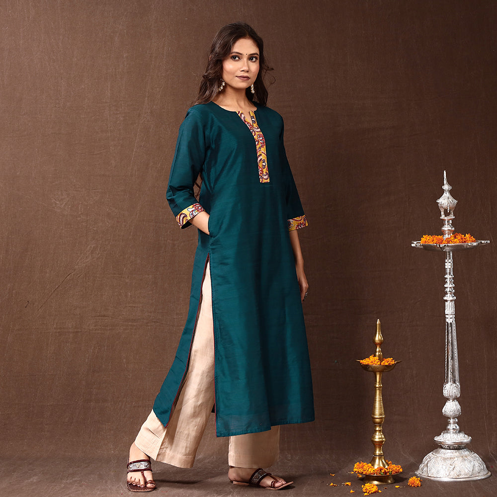 Green - Dark Cyan - Silk Plain Long Straight Kurta