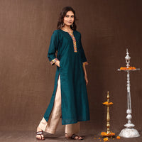 Green - Dark Cyan - Silk Plain Long Straight Kurta