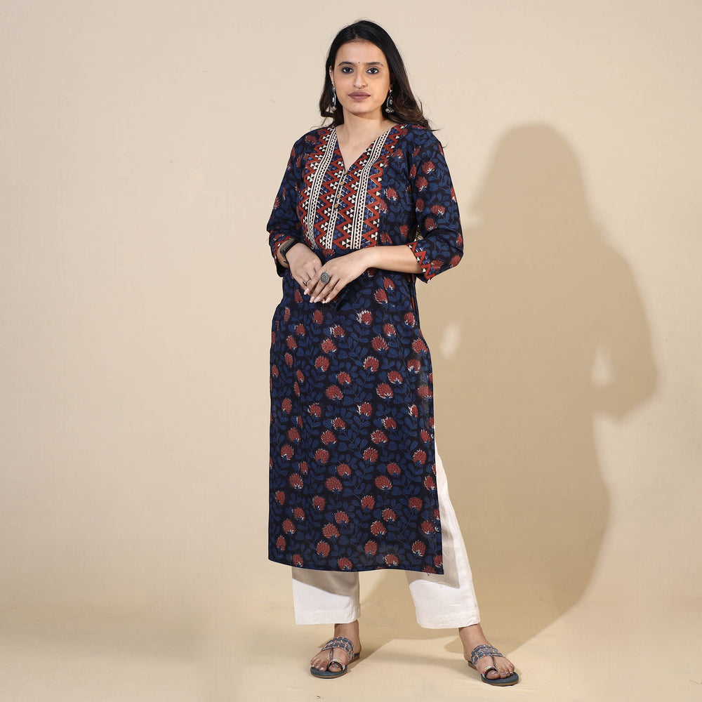 Blue - Bagru Hand Block Printed Cotton Straight Long Kurta 07