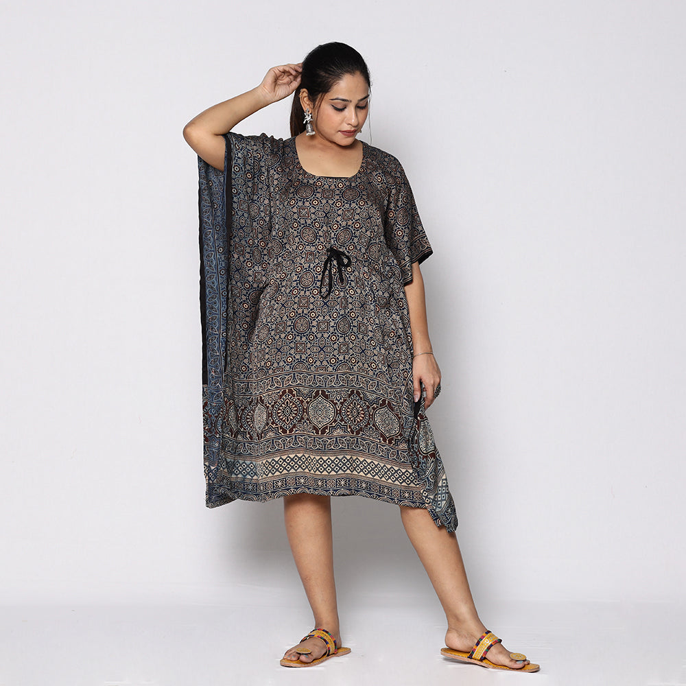 Blue - Ajrakh Block Printing Modal Silk Kaftan with Tie-Up Waist (Medium)