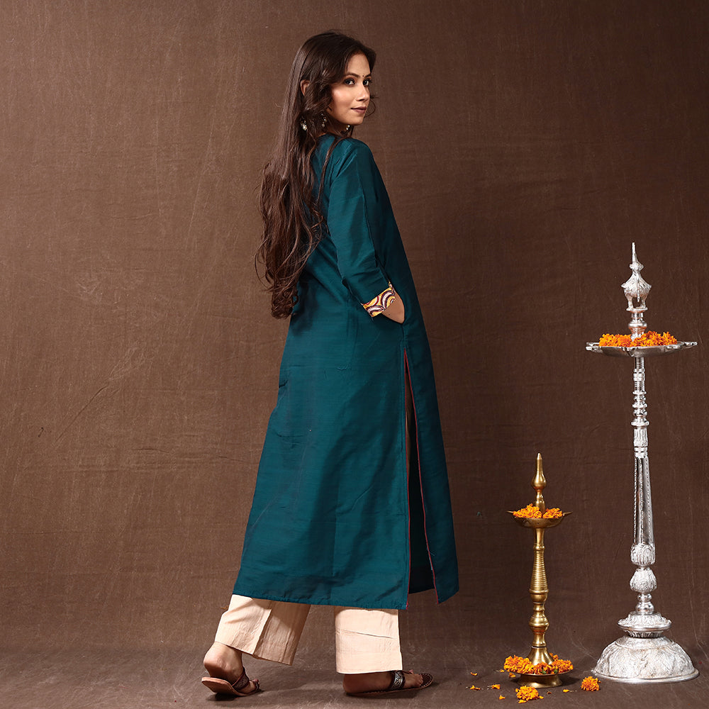 Green - Dark Cyan - Silk Plain Long Straight Kurta