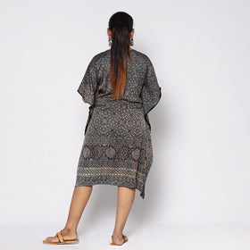 Blue - Ajrakh Block Printing Modal Silk Kaftan with Tie-Up Waist (Medium)