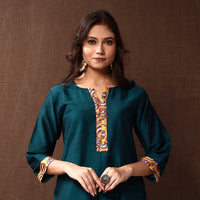 Green - Dark Cyan - Silk Plain Long Straight Kurta