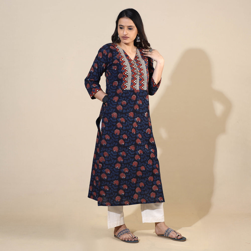 Blue - Bagru Hand Block Printed Cotton Straight Long Kurta 07