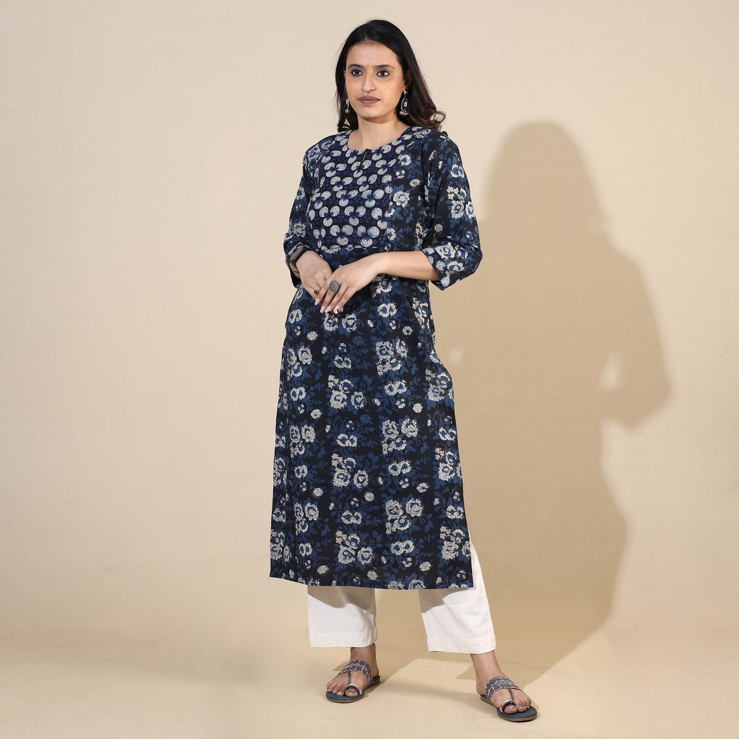 Blue - Bagru Hand Block Printed Cotton Long Kurta