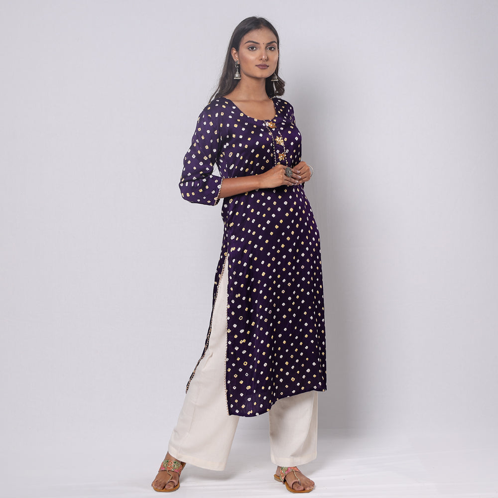 Bandhani Tie-dye Modal Silk Long Straight Kurta for Women