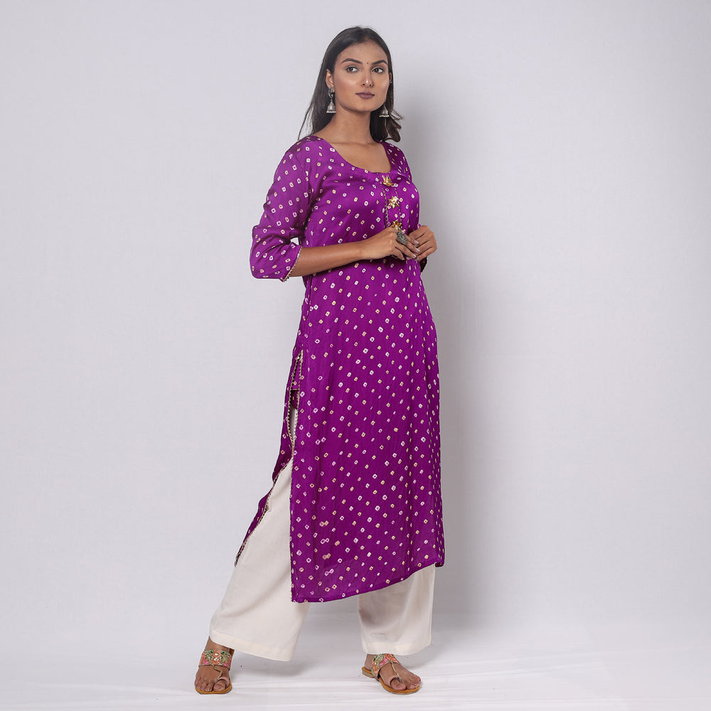 Bandhani Tie-dye Modal Silk Long Straight Kurta for Women