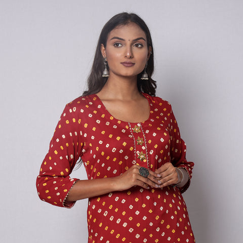 Bandhani Tie-dye Modal Silk Long Straight Kurta for Women