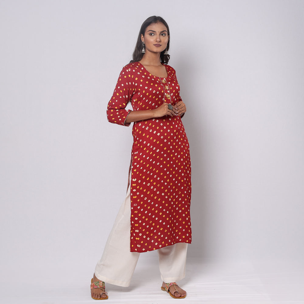 Bandhani Tie-dye Modal Silk Long Straight Kurta for Women