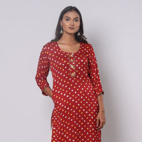 Bandhani Tie-dye Modal Silk Long Straight Kurta for Women