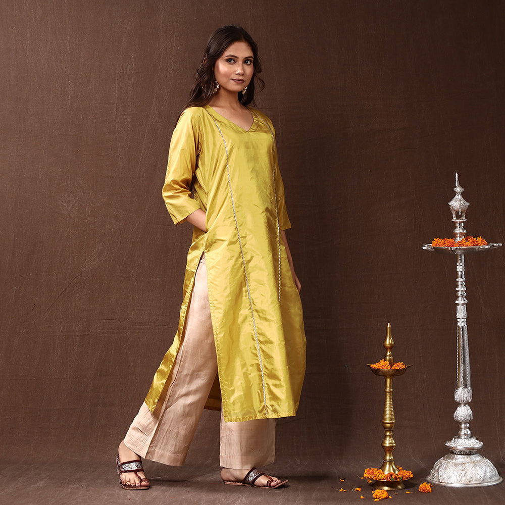 Buy Yellow Pure Silk Plain Long Kurta for Women