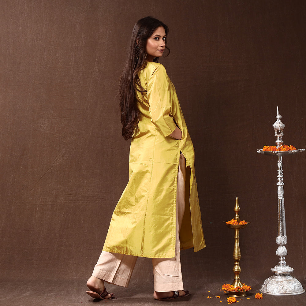 Buy Yellow Pure Silk Plain Long Kurta for Women