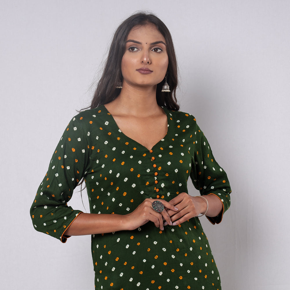 Olive Green - Bandhani Tie-dye Cotton Long Straight Kurta